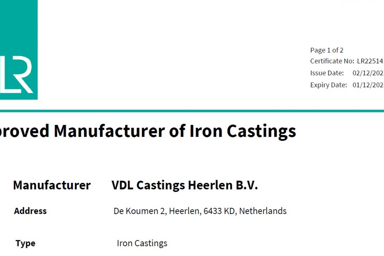 VDL Castings, Lloyd’s Register approved Manufacturer of Iron Castings.